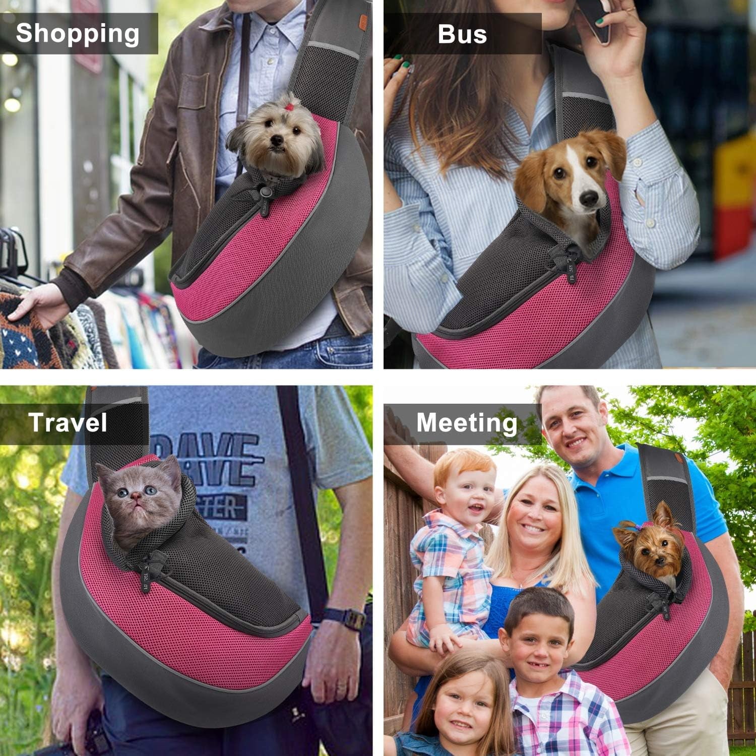 Premium Fuchsia Pet Sling Carrier for Small Dogs and Cats – Breathable Mesh Hand-Free Backpack with Adjustable Straps and Pouch