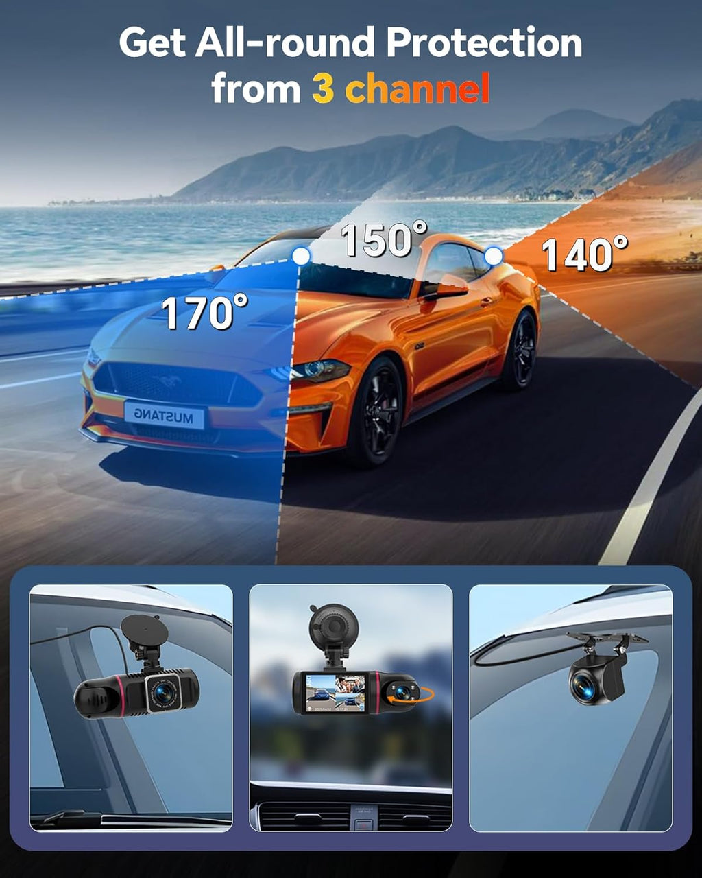 Dash Cam Front and Rear inside 3 Channel Dashcam for Cars 1080P with 64GB Card Adjustable Lens 3 Ways Triple Camera with Night Vision, G-Sensor, Loop Recording, Parking Monitor