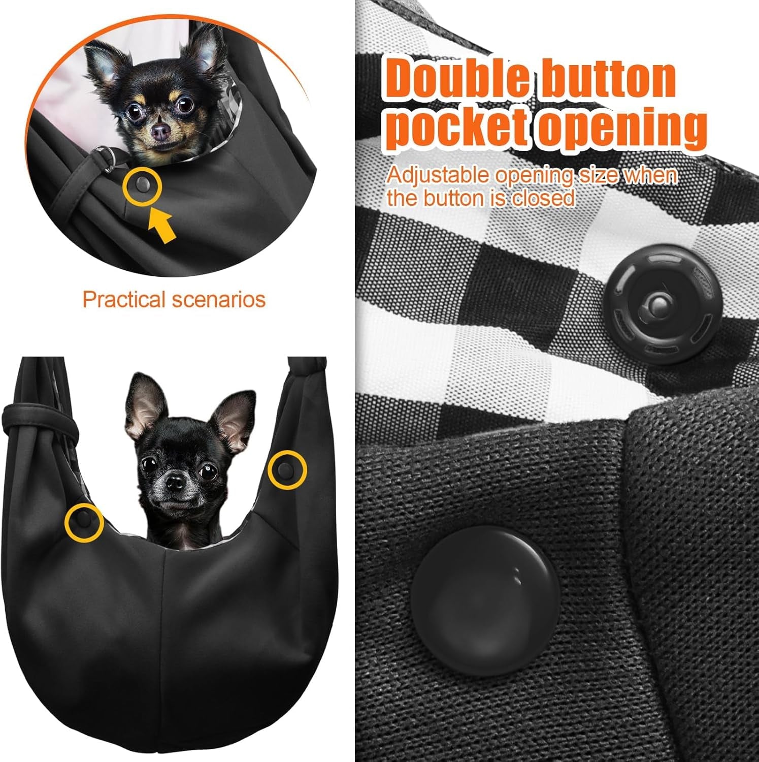Ultimate Comfort Dog Carrier Sling - Adjustable Pet Carrier for Small Dogs and Cats with Zip Pocket and Snap Closure (Black, Size S)