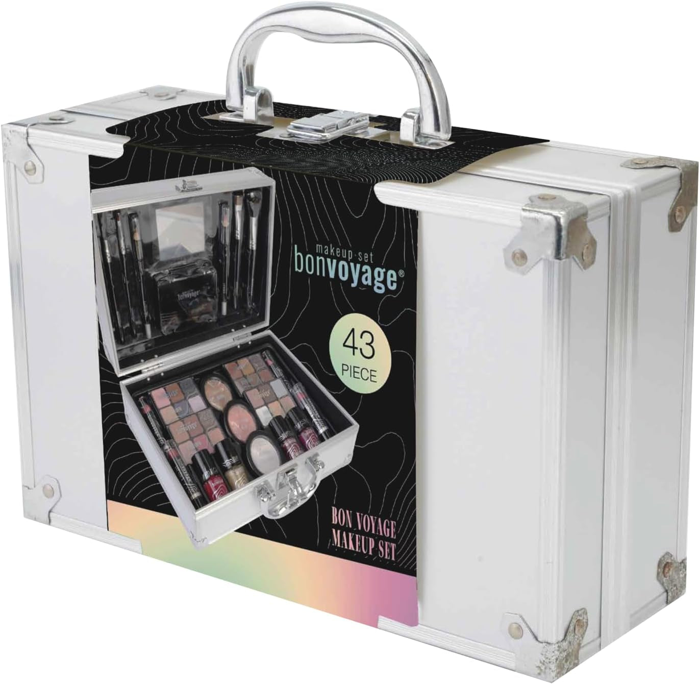 , 43-Piece Complete Makeup Kit, Includes Lipsticks, Eyeshadows, Blush, Nail Polish, Mirror and Make up Brushes, Portable Lightweight Metal Train Case, Bon Voyage